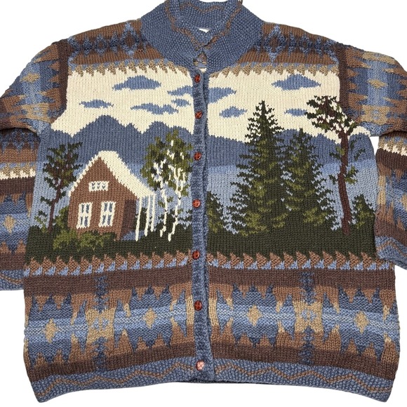 Northern Isles Sweaters - Vintage Northern Isles Women L Cardigan Sweater Forest Cabin Tree Winter Knit
